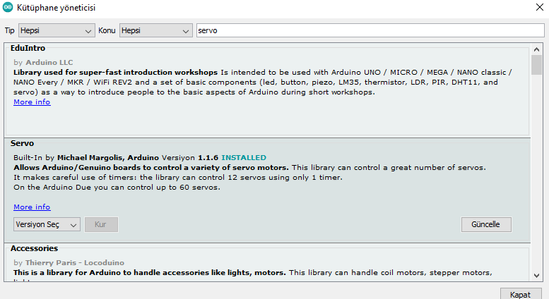 servo kütüphanesi