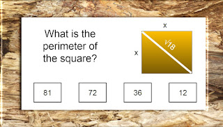 What is the perimeter of the square? Pictured is a square with an unknown variable for the width and height. A line extends across the square from top left to bottom right with a length of the square root of 18. Choices are: 81, 72, 36, and 12.