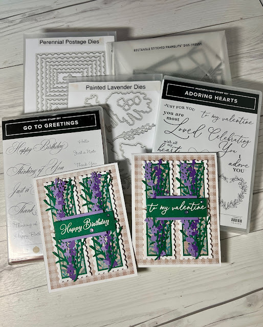 Perennial Lavender Suite Stamp Sets and Dies used to create handmade greeting cards