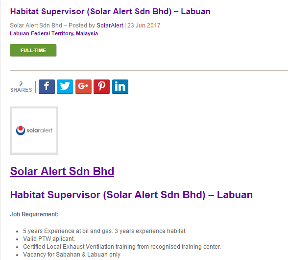 Oil &Gas Vacancies: Habitat Supervisor (Solar Alert Sdn ...