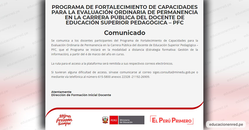 COMUNICADO MINEDU: Aplicación para el acceso a la plataforma «Programa de Fortalecimiento de Capacidades (PFC)»