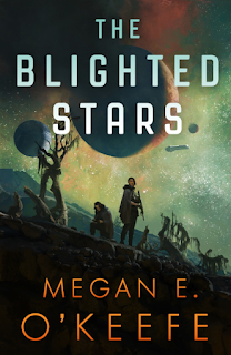 book cover for These Blighted Stars with dark, grey-green scale scene of a man and a woman standing on a bleak landscape