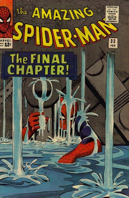 Amazing Spider-Man #33, Spidey trapped under machinery as he struggles to break free, Steve Ditko cover