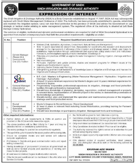 Sindh Irrigation & Drainage Authority Jobs 2024