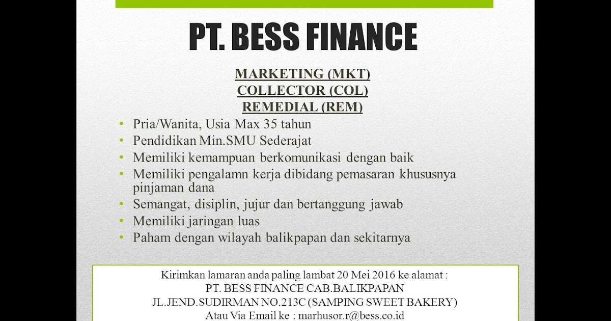 Lowongan Kerja Kota Balikpapan: Lowongan PT. BESS FINANCE