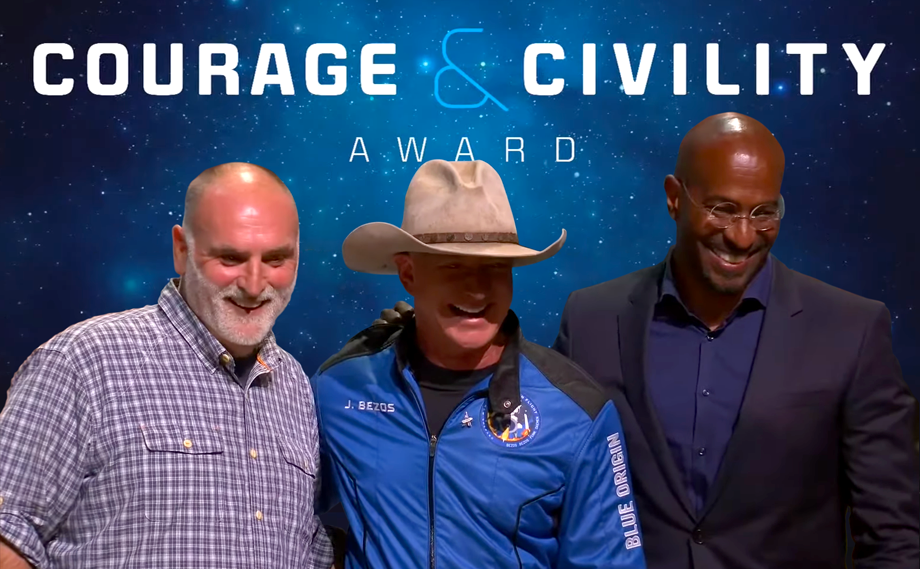 Jose Andres (left) and Van Jones (right), were the first to receive the “Courage and Civility Award” worth US$100 million from Jeff Bezos (middle) at Blue Origin’s post-flight conference. Blue Origin, 20 July 2021.