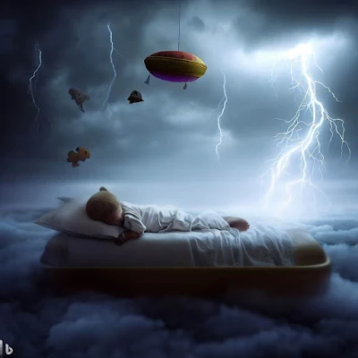 Criança dormindo tranquila com seus brinquedos, numa cama que flutua em meio a uma tempestade de raios. - Ilustração gerada por IA do Criador de Imagens do Bing. #PraCegoVer