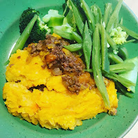 A hearty healthy shepherd's pie topped with root veg mash