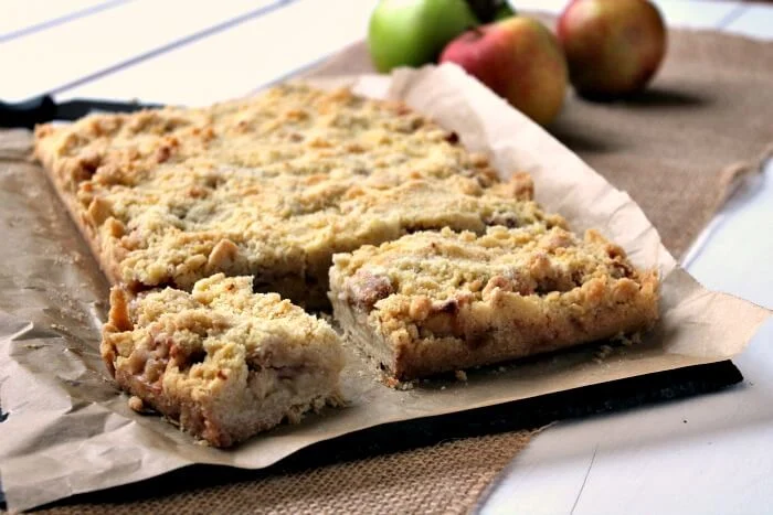 Apple Crumble Bars in baking tin