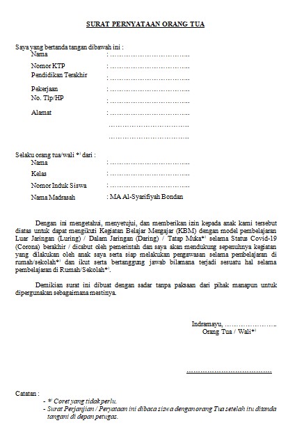 Surat Pernyataan Orang Tua Wali Dalam Pembelajaran Covid 19 Home