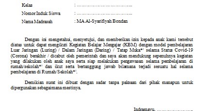 Surat Pernyataan Orang Tua Wali Dalam Pembelajaran Covid 19 Home