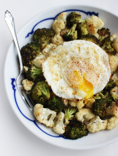 Grilled vegetables and fried eggs