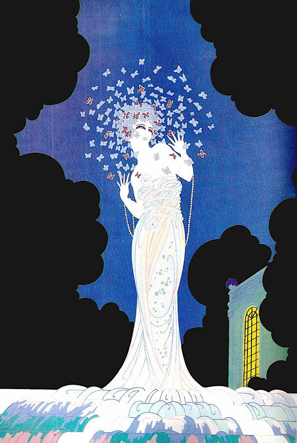 Erté Fashion Illustration Fountain woman spirit in blue