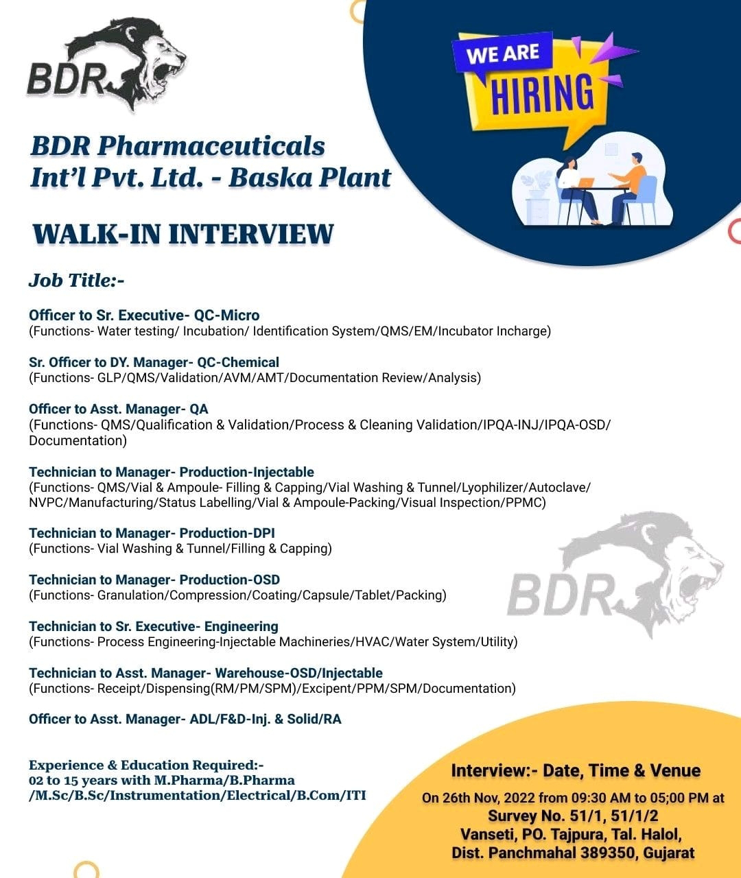 Job Availables, BDR Pharmaceuticals Pvt Ltd Walk In Interview For MPharm/ BPharm/ MSc/ BSc/ BCom/ ITI/ Electrical/ Instrumentation