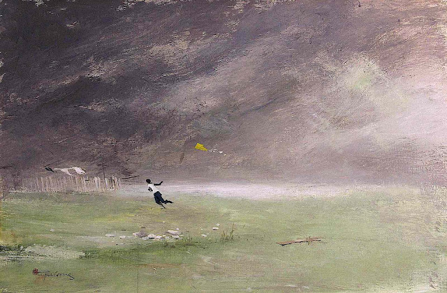 Tyrus Wong art, a boy and a kite in bad weather