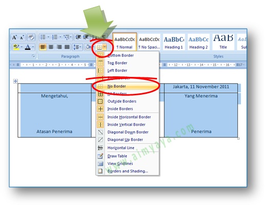 gambar: finalisasi pembuatan penandatangan dengan menghilangkan garis tabel di Microsoft Word