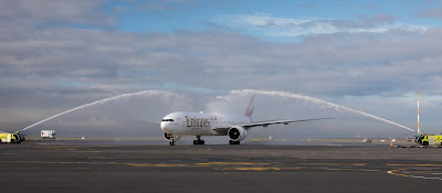 Source: Emirates. Flight EK450 was greeted with a traditional water cannon salute on its first arrival in Auckland.