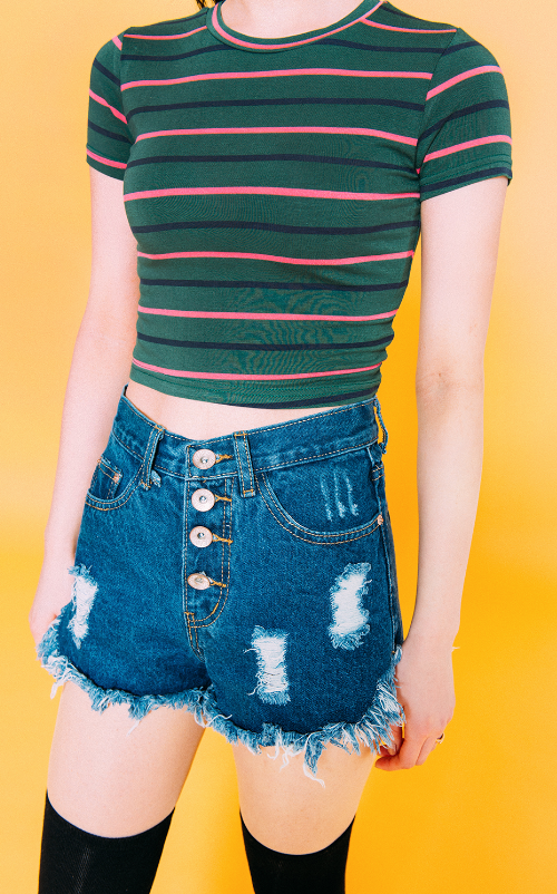 Button-Fly Damaged Denim Shorts