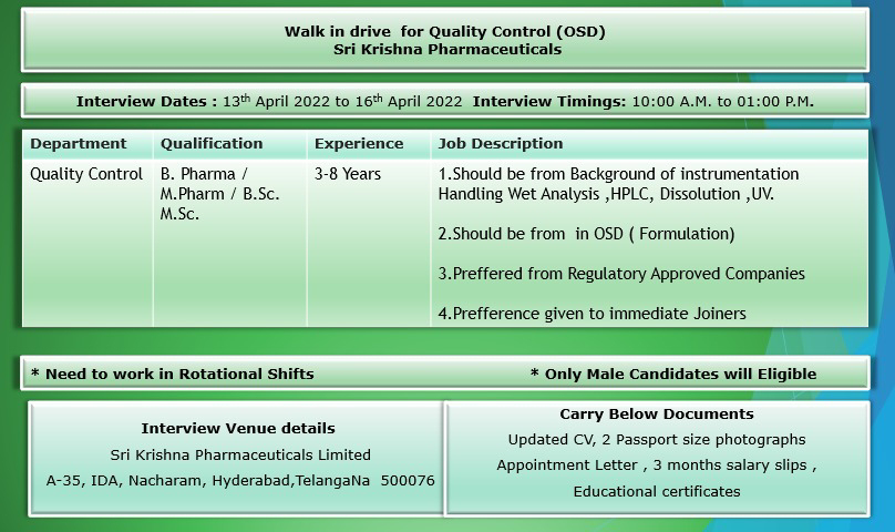 Job Availables,Sri Krishna Pharmaceuticals Walk-In-Interview For BSc/ MSc/ B.Pharm/ M.Pharm