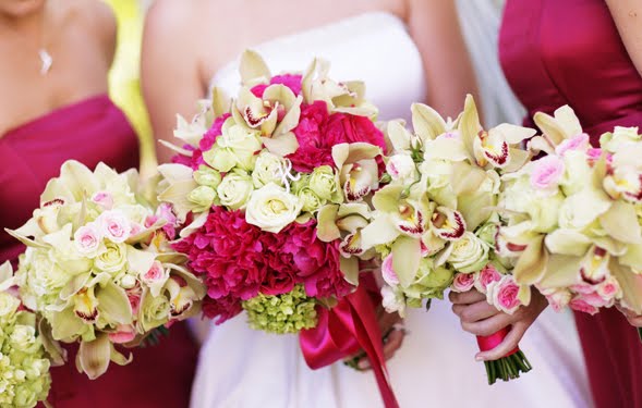 Bridesmaid dresses are made up of the hot peonies pink