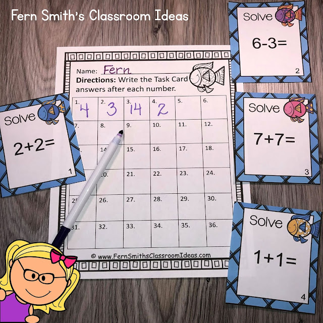 You will love how easy it is to prepare these Ocean Themed Addition and Subtraction Task Cards for Addition Doubles, Addition Doubles Plus One, Plus One, Plus Two, Plus Zero, Subtraction Doubles, Subtraction Doubles Plus One, Subtract One, Subtract Two, and Subtraction of Zero for your class. #FernSmithsClassroomIdeas