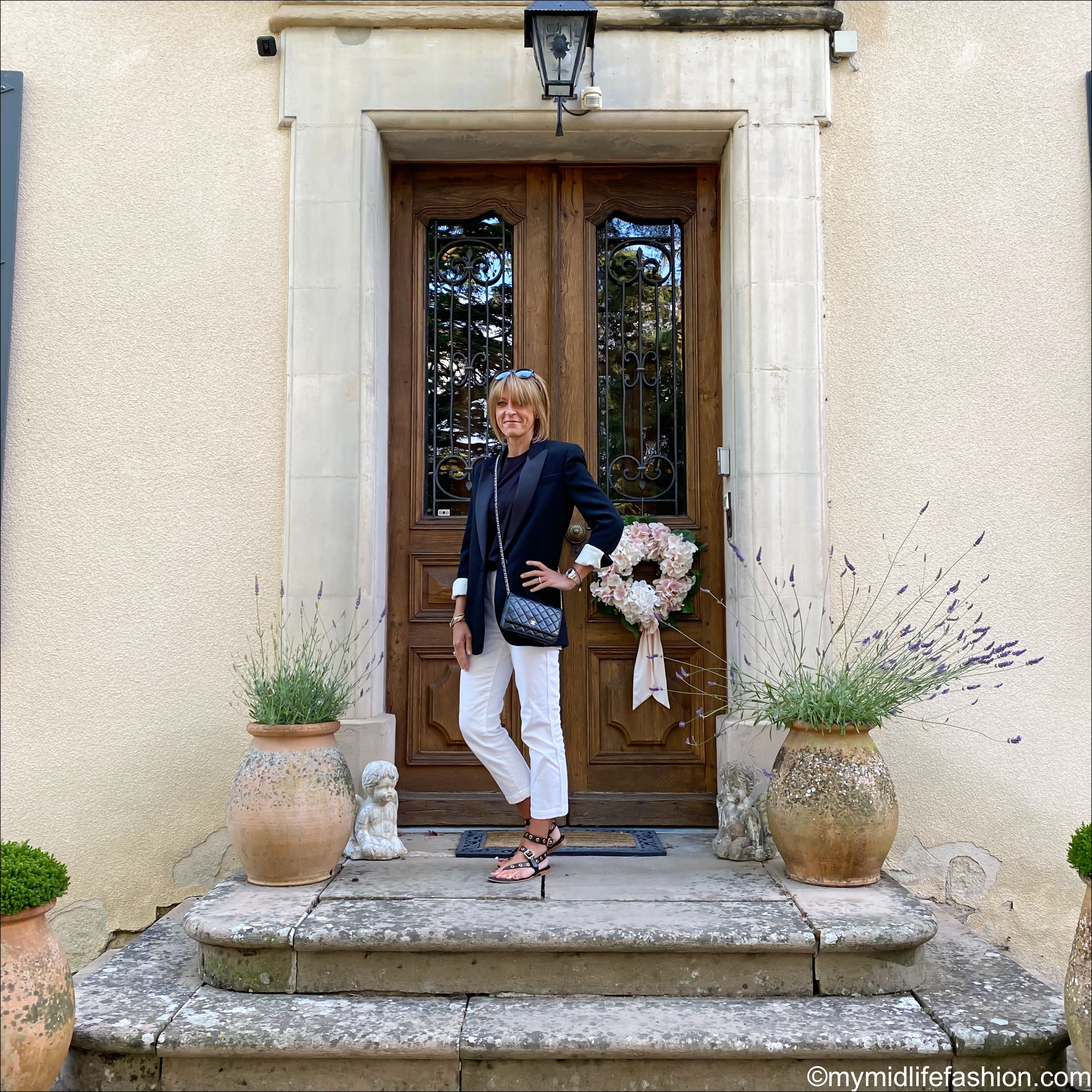 Isabel Marant blazer, zara t shirt with shoulder pads, j crew cropped jeans, Chanel wallet on chain, iro eyelet leather sandals