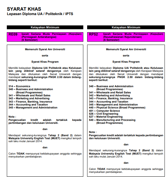 SYARAT KHAS KEMASUKAN BAGI LEPASAN DIPLOMA