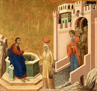 Ντούτσιο ντι Μπουονινσένια, Ο Χριστός και η Σαμαρείτιδα ('Maestá', πρεντέλλα οπίσθιας όψης) 1310-11 Duccio_di_Buoninsegna_-_Christ_and_the_Samaritan_Woman
