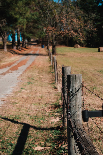 Close-up of fence post with fence and road tapering off into the distance.