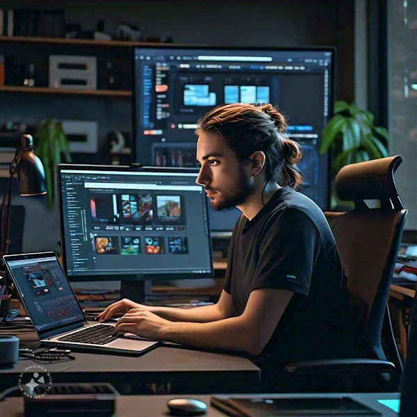 A futuristic illustration of a person sitting in front of a computer, surrounded by coding symbols, gadgets, and digital tools. The screen displays a website under construction, with blocks and elements being arranged to represent the building of an online portfolio. The person is holding a tablet with a to-do list, highlighting tips and tools for creating a impressive portfolio. The background is a blurred mix of digital devices, coding screens, and innovative tech elements, conveying the idea of showcasing skills and expertise in the tech industry.
