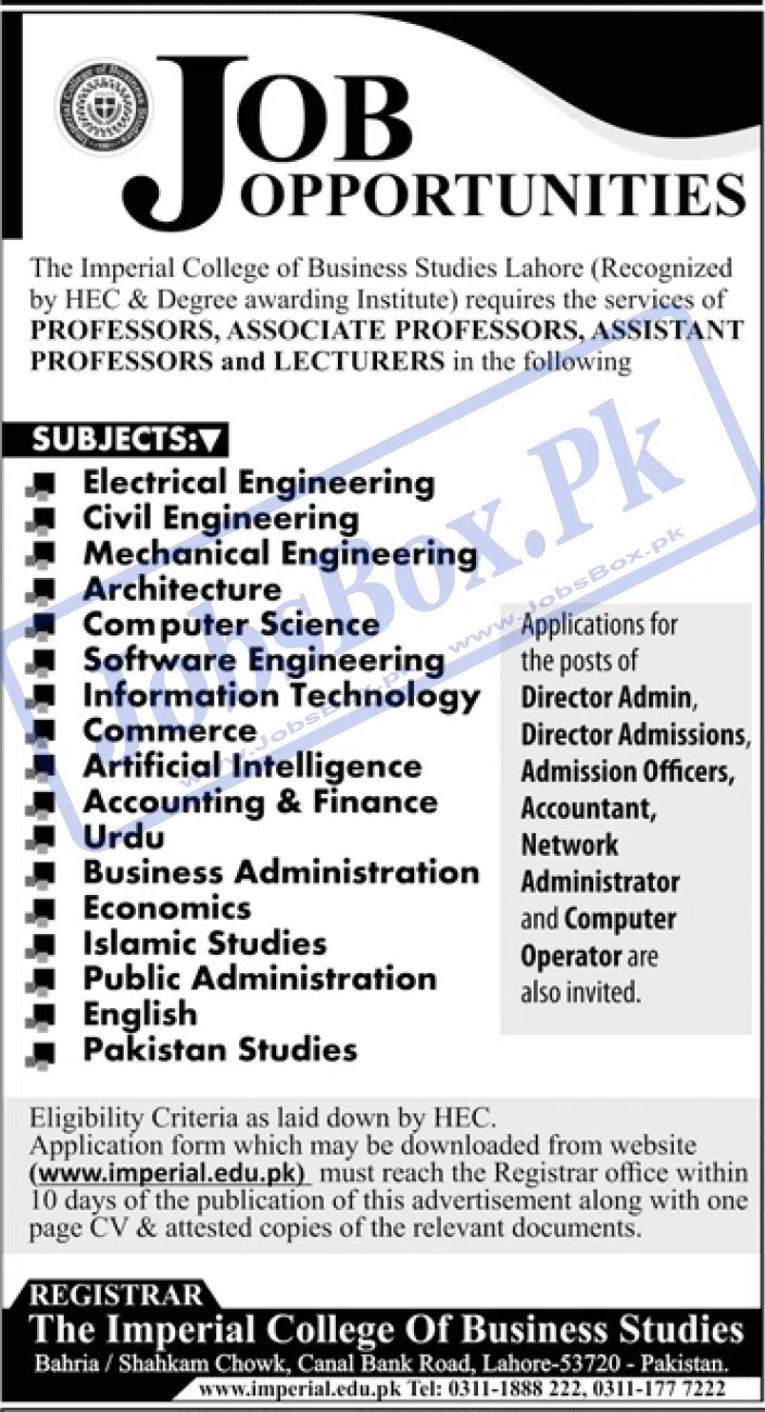The Imperial College of Business Studies Lahore Jobs 2022 - www.imperial.edu.pk Jobs 2022 - www.jobadvertisement.website