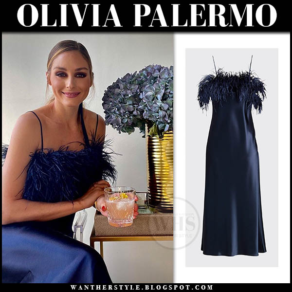 Olivia Palermo in navy satin slip dress with feathers