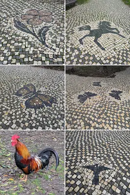 Collage of Portuguese tiled sidewalks and a rooster in Campo dos Mátires da Pátria in Lisbon in January
