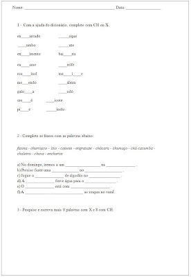 Atividade 3° ano - Exercicios ortograficos som de ch