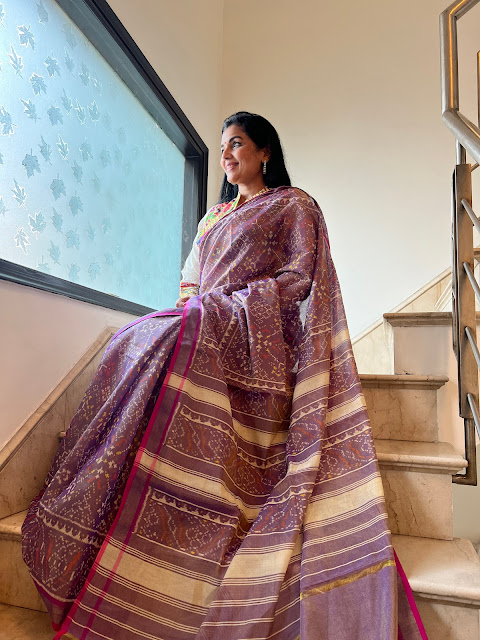 Lavender cotton patola saree with fuchsia salvage