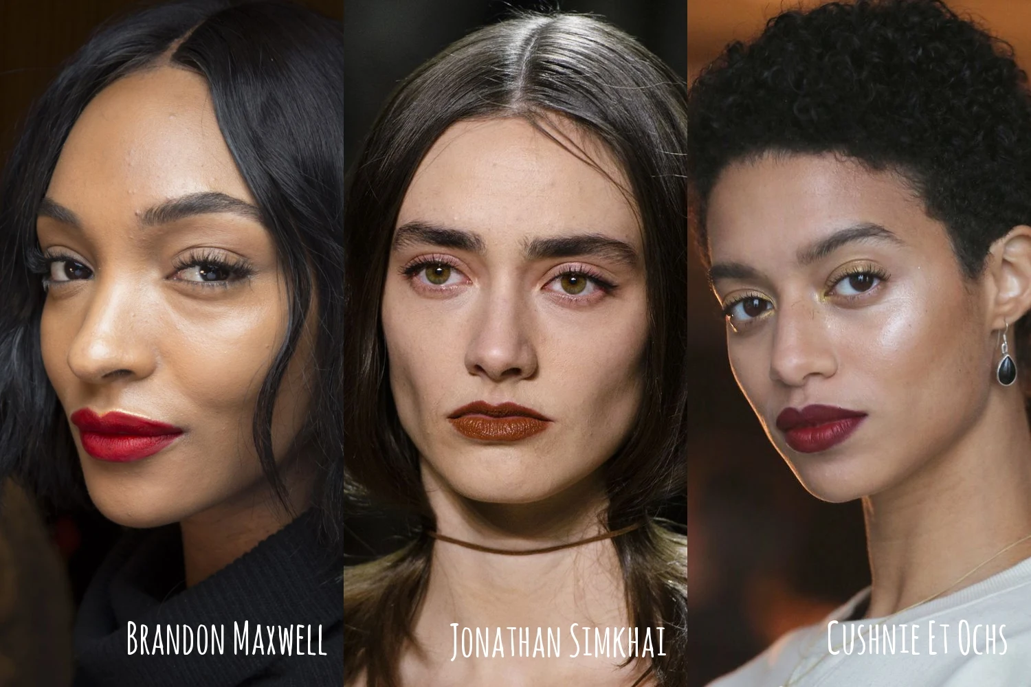 makeup collage with three runway makeup looks from brandon maxwell fashion show.