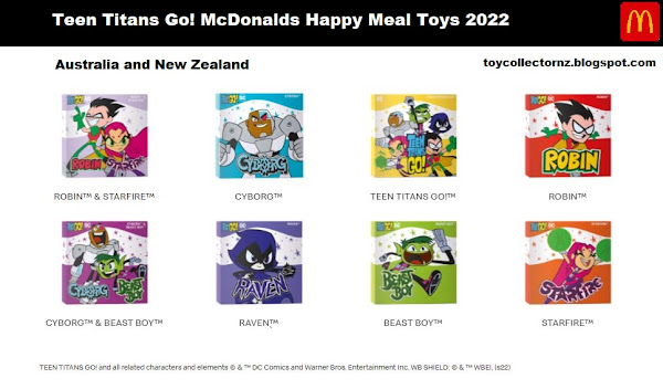 Teen Titans Go McDonalds Toys 2022 Happy Meal Toy Australia and New Zealand in October and November 2022 8 different packs to collect including Robin, Starfire, Beast Boy, Cyborg, Raven, Teen Titans, Robin and Starfire, Cyborg and Beast Boy packs