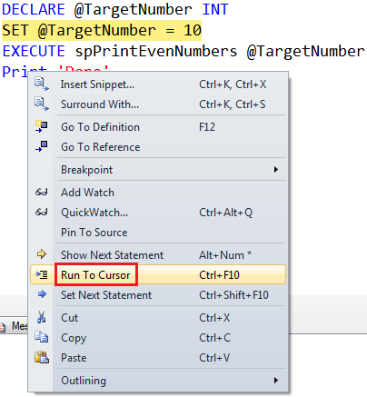 run to cursor in ssms