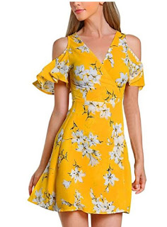 Demetory Women Summer Floral Cold Shoulder V Neck Ruffle Sleeve Flare Midi Dress