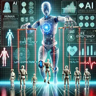 A futuristic AI figure controlling humanoid robots like puppets, with "Life Expectancy" displayed on a high-tech digital interface in the background.