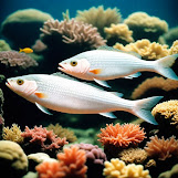 Two white fish, probably snapper, swim near a coral reef. The fish has a white body with black spots on the back and tail fin. They float next to each other in a pure tropical driver. The coral reef in the background is bright and colorful, with lots of fish and other sea creatures.