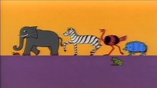 In the cartoon there are an elephant, a zebra, a hedgehog, an ostrich, a frog, a ladybug and they make a rhythm with their footsteps. Sesame Street Let's Make Music