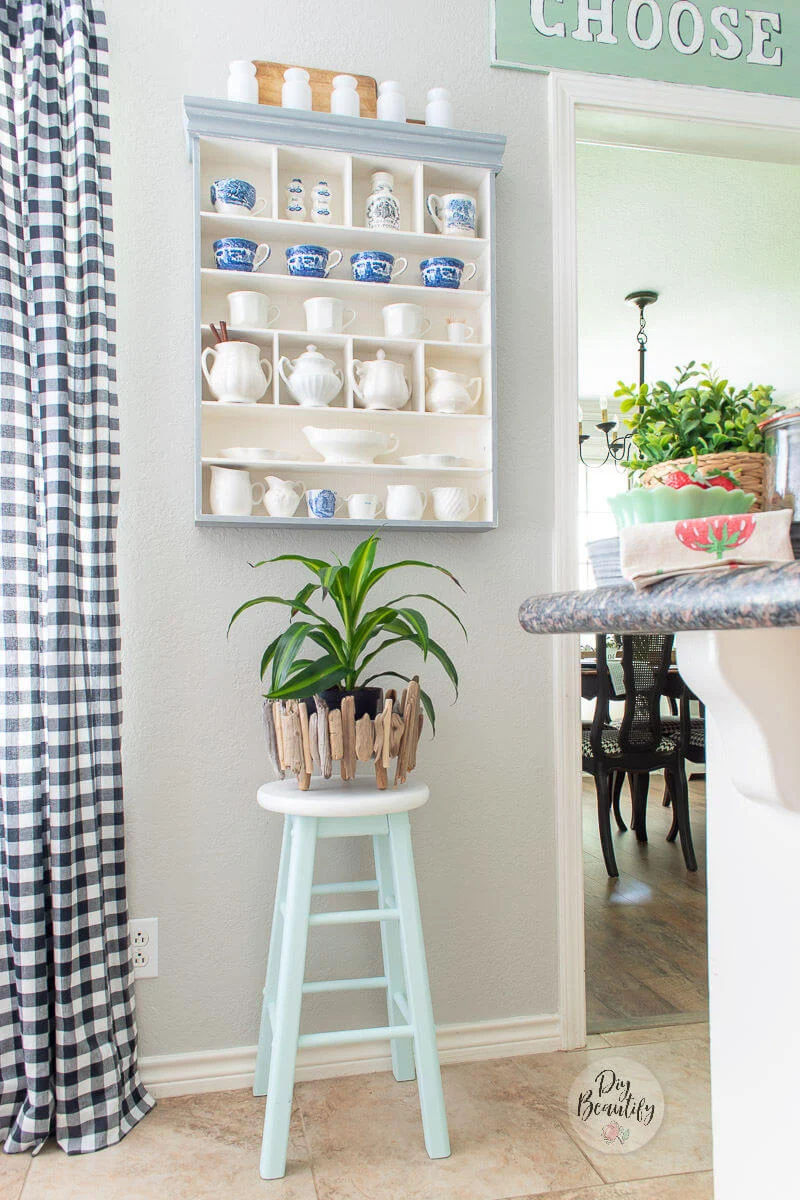 neutral kitchen with DIY driftwood planter