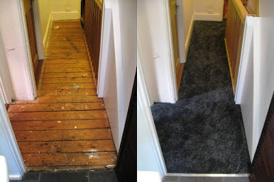 Upstairs hall from the bathroom, before and after carpeting