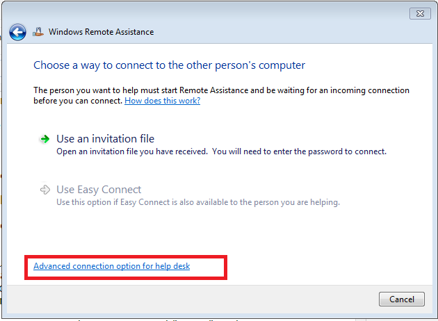 Select advanced connection option for help desk