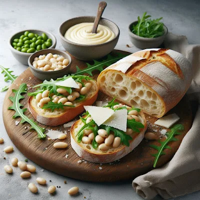 Auf dem Bild sieht man ein Ciabatta-Brot in Scheiben geschnitten. Leicht geröstet und mit weißen Bohnen, Rucola und Parmesanspänen belegt.