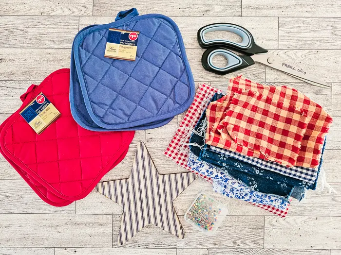 pot holders, fabric, pins, scissors