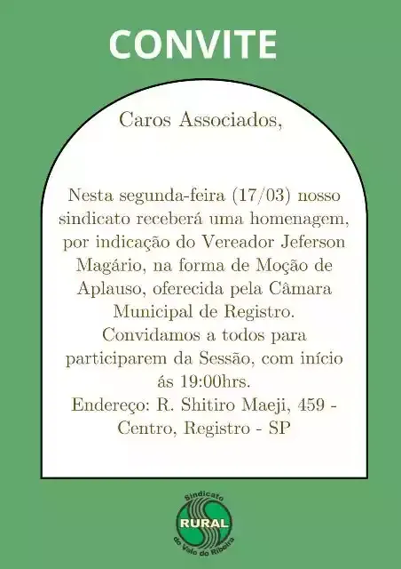 Moção de Aplausos ao Sindicato Rural do Vale do Ribeira
