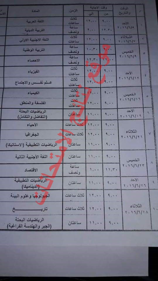   جدول امتحانات الثانويه العامه 2016 