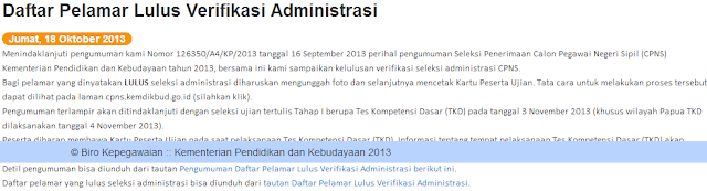 Hasil Administrasi CPNS Kemendikbud 2013